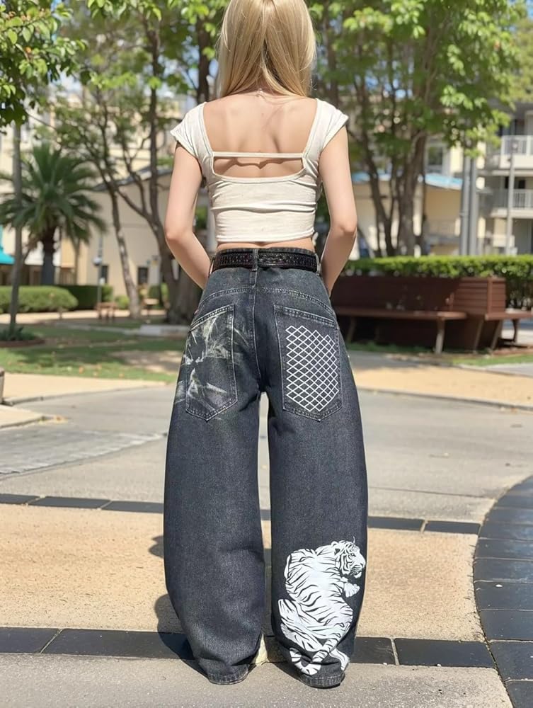 パンツ BTSG Wide Denim Baggy Pants Unisex Y2K Unisex Y2K Hip Hop Street Jeans with Tiger Print Gothic